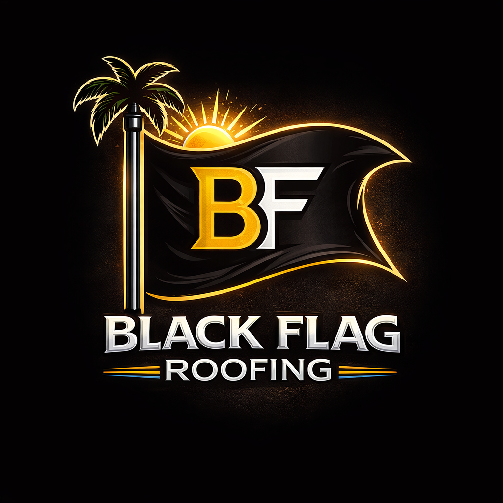 Black Flag Roofing logo with gold BF letters, black flag, and palm tree on a black background