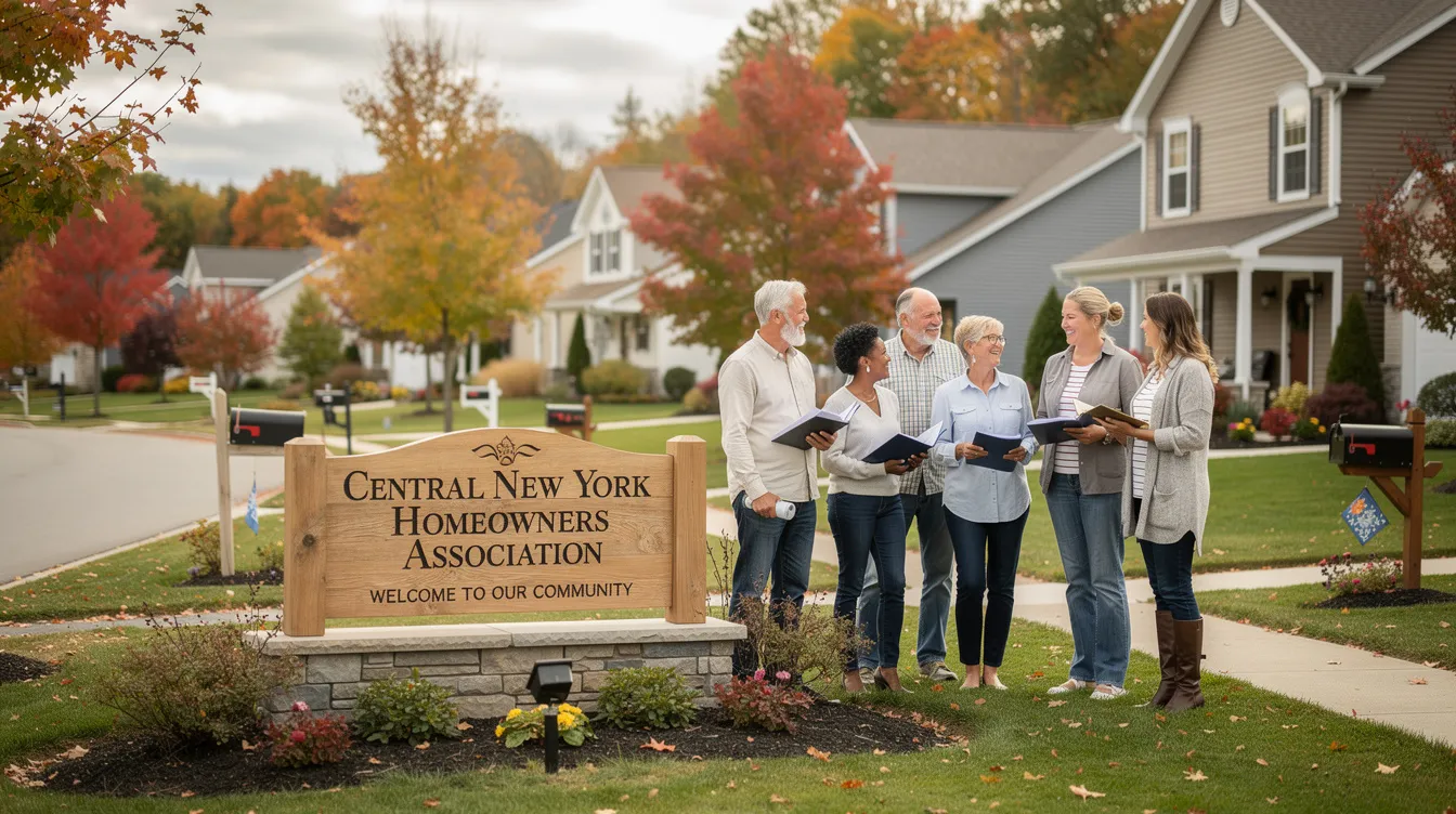 The image depicts a vibrant community scene in downtown Syracuse, showcasing a diverse group of tenants engaging with their homeowners association, emphasizing property management activities such as handling repair requests and discussing security deposits. This representation highlights the importance of communication and responsiveness in CNY asset management.