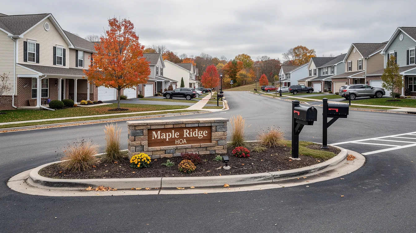 The image depicts a typical Homeowners Association (HOA) office in Syracuse, NY, featuring a welcoming entrance with a sign displaying the property management company name. Inside, there are informational brochures about tenant repair requests, rent payment options, and guidelines for security deposits, reflecting the community's focus on supporting tenants and maintaining property standards.