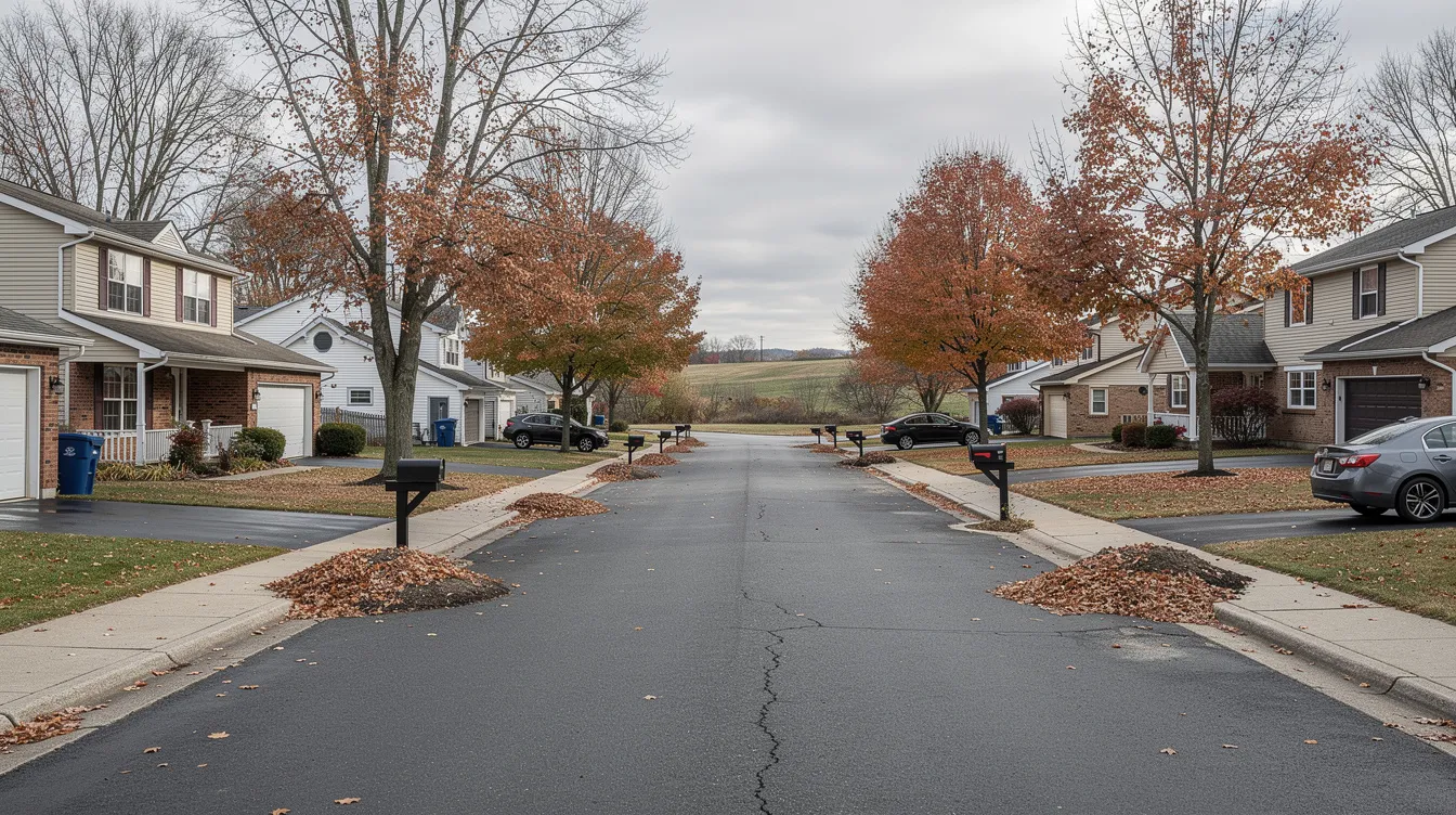The image depicts a typical suburban neighborhood in Syracuse, New York, featuring tree-lined streets, well-maintained homes, and families enjoying outdoor spaces. The scene reflects a peaceful community atmosphere, ideal for those exploring Syracuse NY real estate listings and homes for sale.