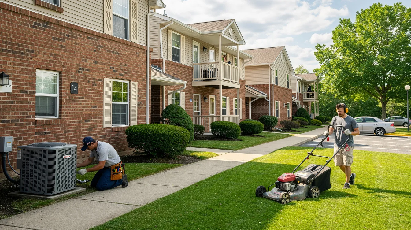 The image depicts a maintenance person diligently working on repairs in an apartment complex typical of Syracuse, New York, while another individual mows the lawn, showcasing the community's upkeep. This scene highlights the importance of property management services in maintaining residential and commercial properties for tenants and property owners alike.