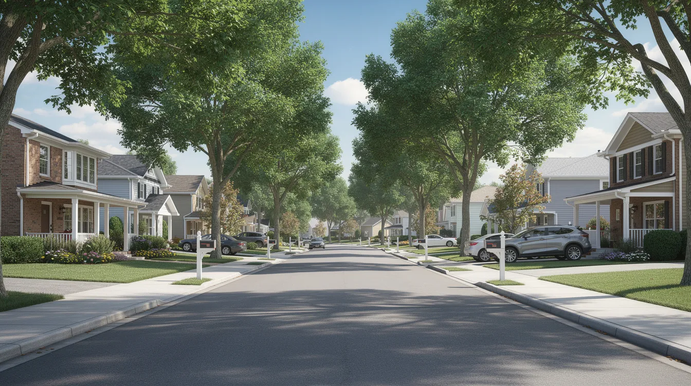 The image depicts a peaceful tree-lined residential street in a suburban town, featuring well-maintained houses and inviting sidewalks. This area is representative of the charming homes for sale in Van Buren, NY, perfect for those seeking real estate listings in a serene environment.