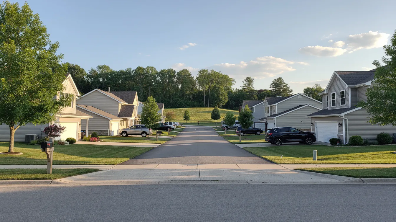 The image depicts a typical neighborhood in Cicero, NY, showcasing charming homes with well-maintained lawns and trees, bathed in natural light. This area is representative of the real estate market in Cicero, where various properties are listed for sale, providing opportunities to explore homes for sale in the community.