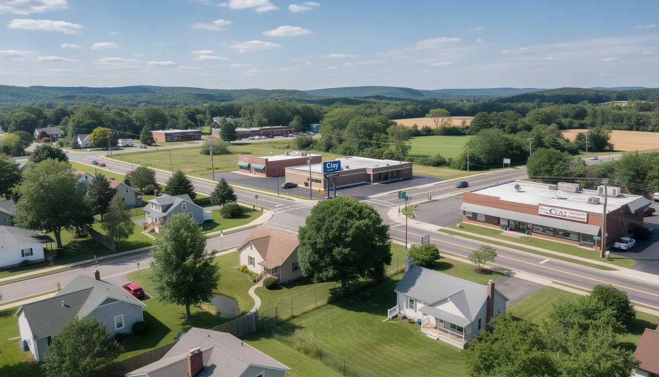 The image depicts a panoramic view of Clay, NY, showcasing a vibrant landscape that highlights the ongoing construction of the largest semiconductor facility in New York State, part of Micron Technology's historic investment in the region. Surrounding the site are lush green areas and a glimpse of the technology park, symbolizing the area's growth and future potential in the semiconductor industry.