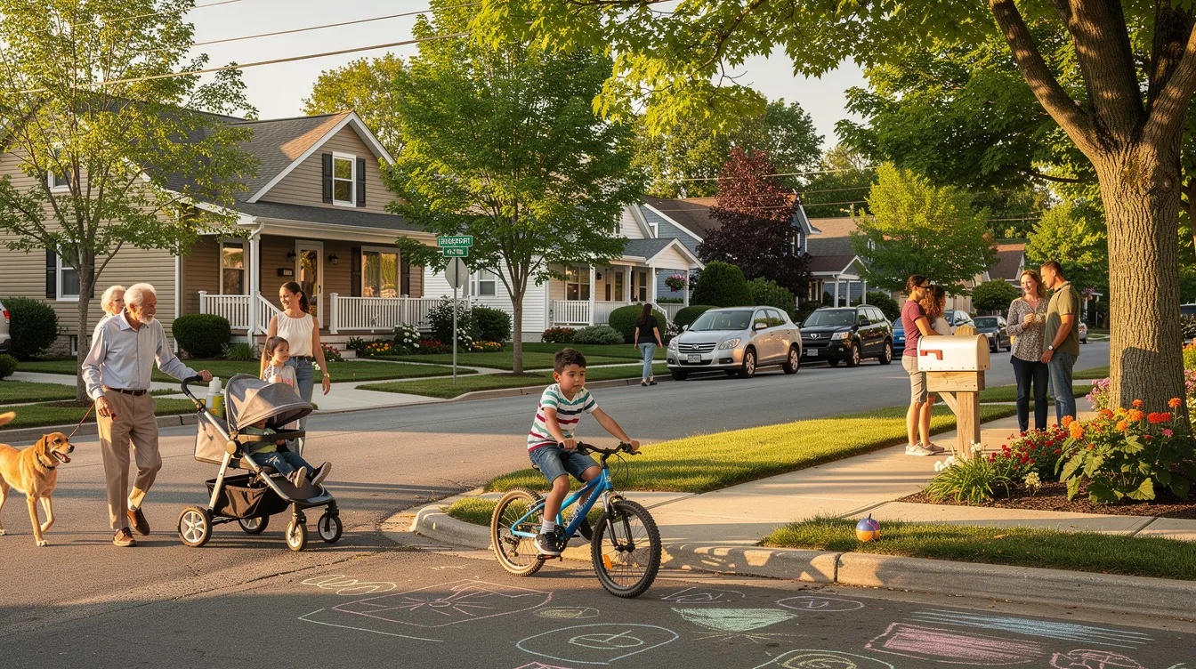 A vibrant street-view of a neighborhood in Bridgeport, NY, showcasing families enjoying their time outdoors, with children playing and adults socializing. This scene reflects the community spirit, making it a great area for potential homebuyers exploring real estate listings in Bridgeport.