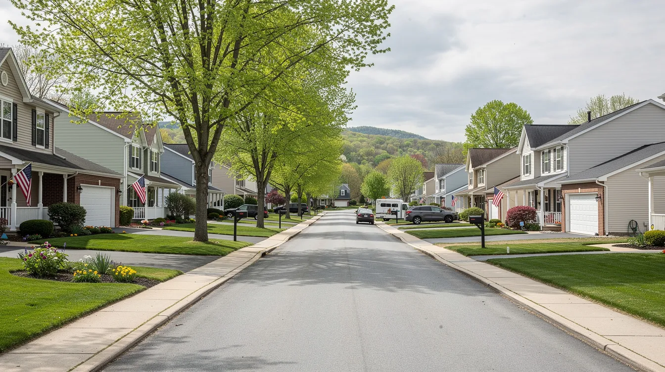 The image depicts a typical neighborhood in Lysander, NY, showcasing charming homes with well-maintained lawns and tree-lined streets, indicative of the area's real estate listings. This serene environment is ideal for families, with nearby schools and community amenities, highlighting the appeal of homes for sale in Lysander, NY.