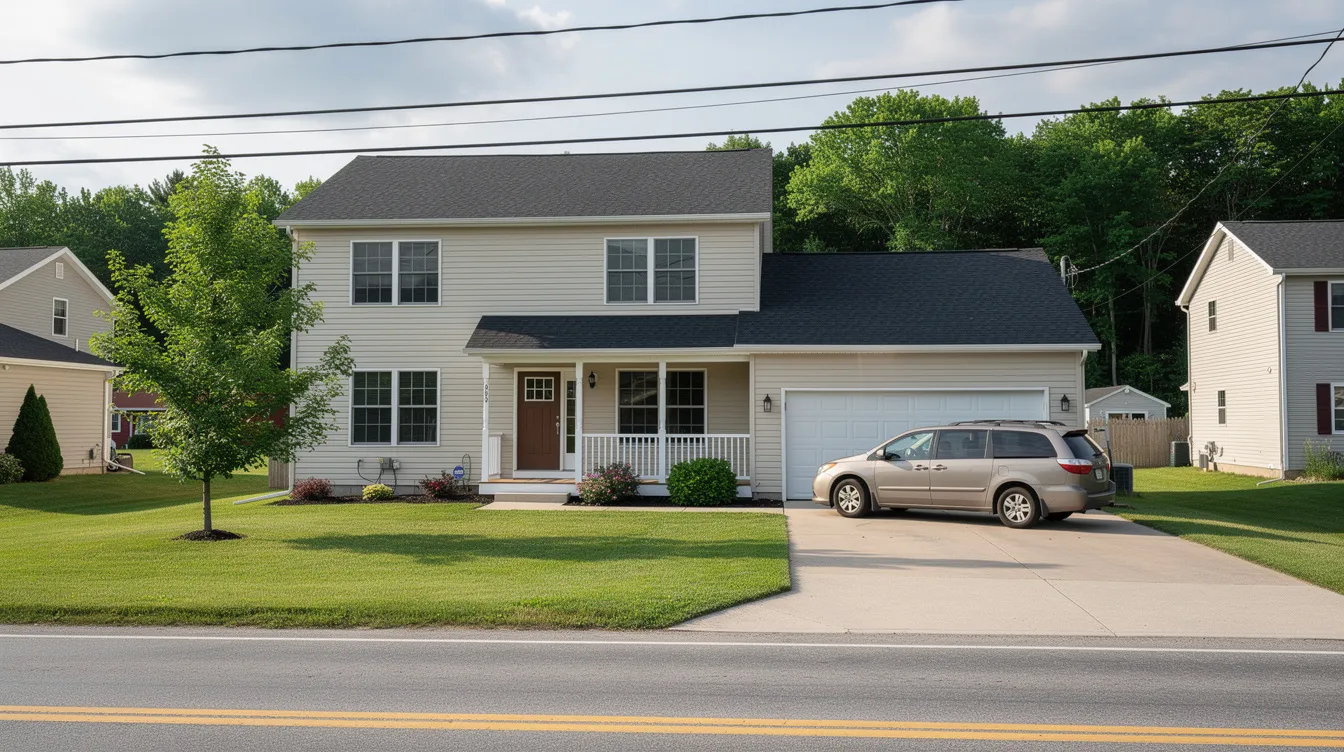 The image depicts a typical family home in Van Buren, NY, showcasing a charming two-story structure with a well-maintained lawn and a welcoming front porch. This house represents the essence of NY real estate, ideal for buyers looking to settle in a friendly town with new construction options available in the market.