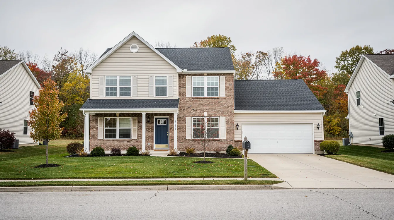 The image depicts a typical single-family home in Lysander, NY, showcasing a charming exterior with a well-maintained lawn and driveway. This inviting house is perfect for potential house buyers looking to settle in a friendly town, where cash offers and fair negotiations are common in the real estate market.
