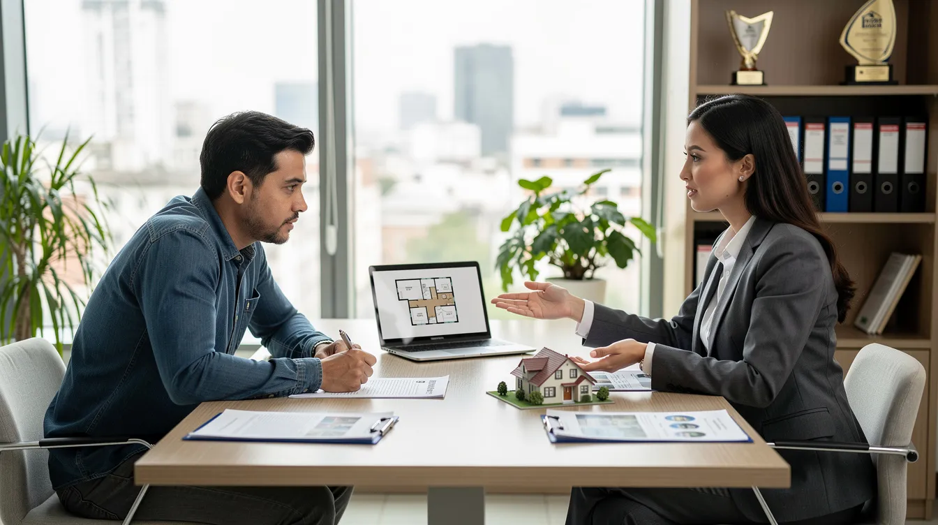 Two professionals meeting across a desk in a bright office, discussing a laptop presentation.