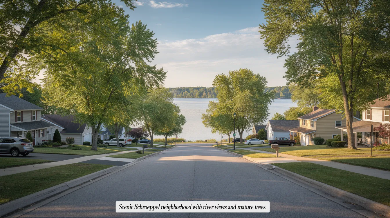 A wide-angle view of a serene Schroeppel neighborhood showcases charming houses surrounded by mature trees, with the Oswego River flowing nearby, highlighting the natural beauty of the area. This picturesque setting is ideal for those searching for homes for sale in Schroeppel, NY.