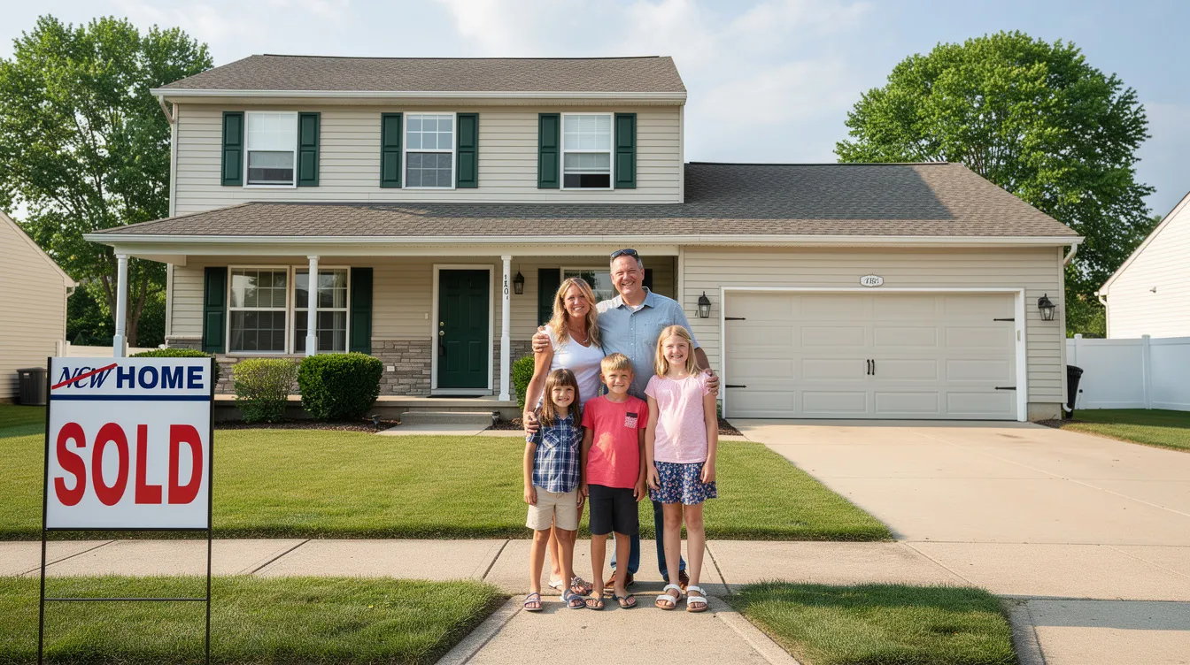 A happy family stands in front of their newly purchased home in North Syracuse, NY, proudly displaying a 