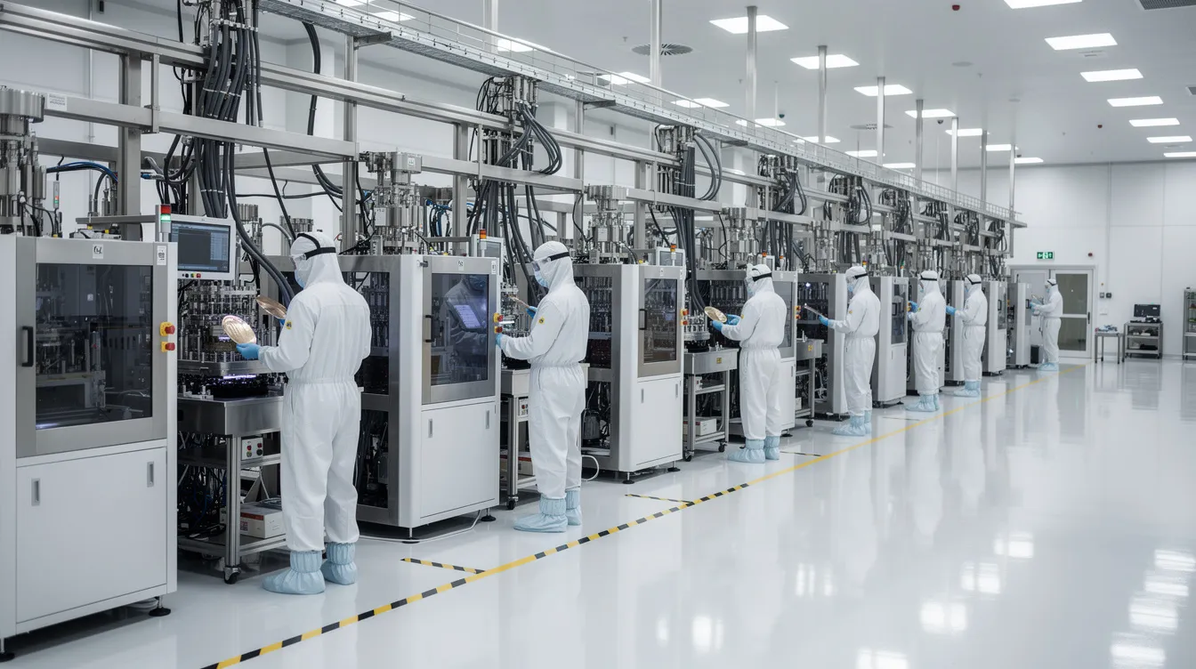 Workers in white suits on a clean factory floor beside rows of automated machines