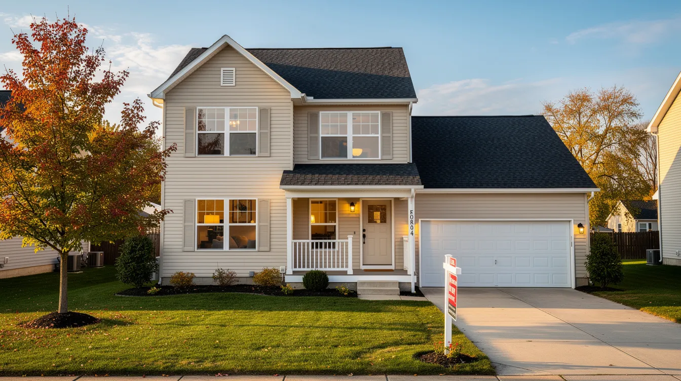 Two-story suburban house with a front porch, attached garage, and autumn trees at sunset