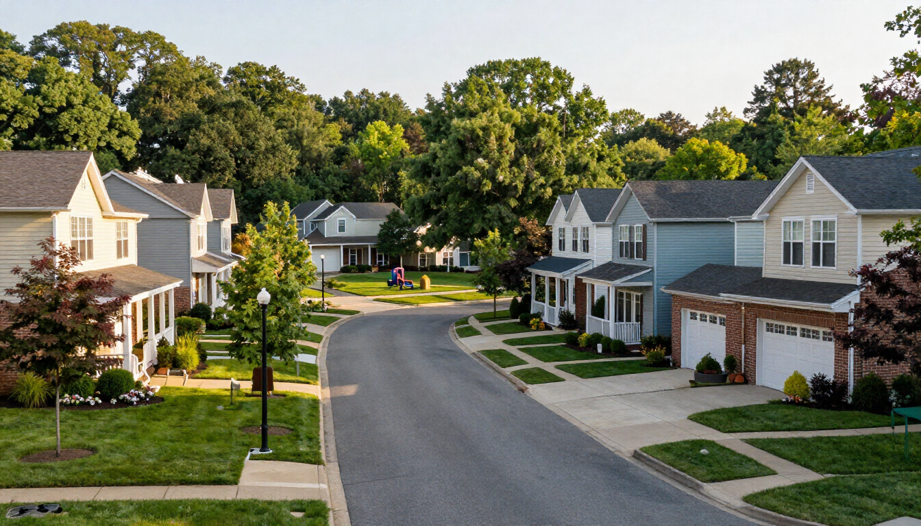The image depicts a serene gated community in central New York, showcasing well-maintained residential properties with manicured lawns and trees lining the streets. This typical neighborhood represents the services of a property management company, emphasizing the importance of community living and property maintenance in Syracuse, NY.