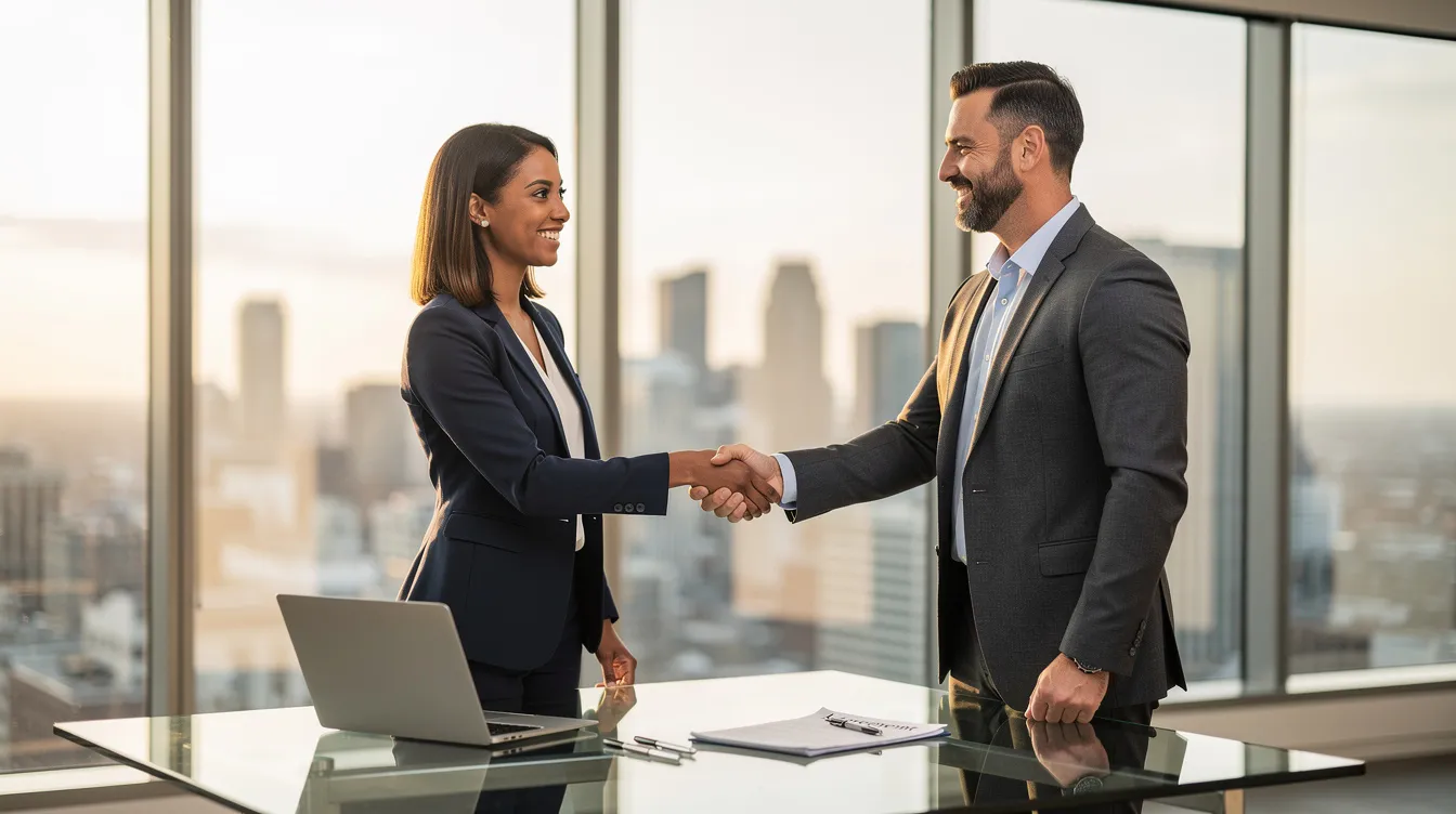 The image depicts two business professionals shaking hands in a modern office setting, symbolizing a successful agreement. This meeting highlights the importance of collaboration in property management, particularly for property owners and tenants in downtown Syracuse.