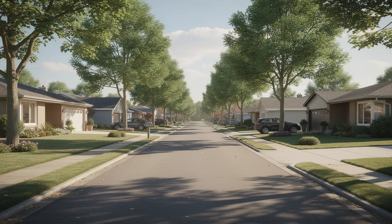 The image depicts a peaceful tree-lined suburban street featuring single-family ranch homes with well-maintained lawns, ideal for families seeking homes for sale in Bayberry, NY. The scene is serene, with oak trees providing shade along the road, enhancing the neighborhood's charm.