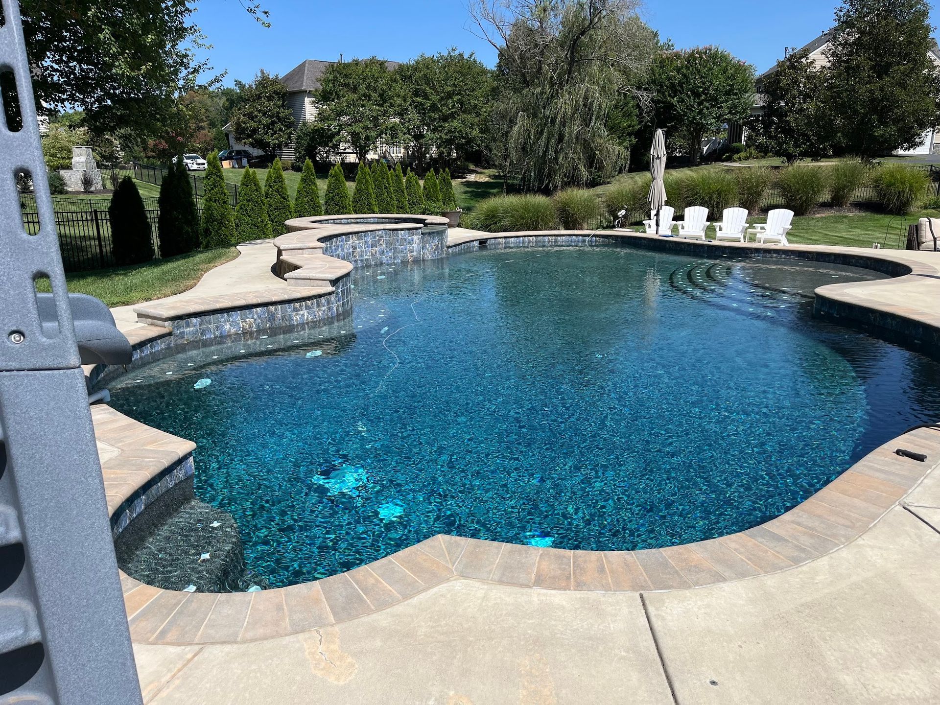 A backyard pool with dark blue water and stone coping. Green grass and trees in the background under a blue sky.