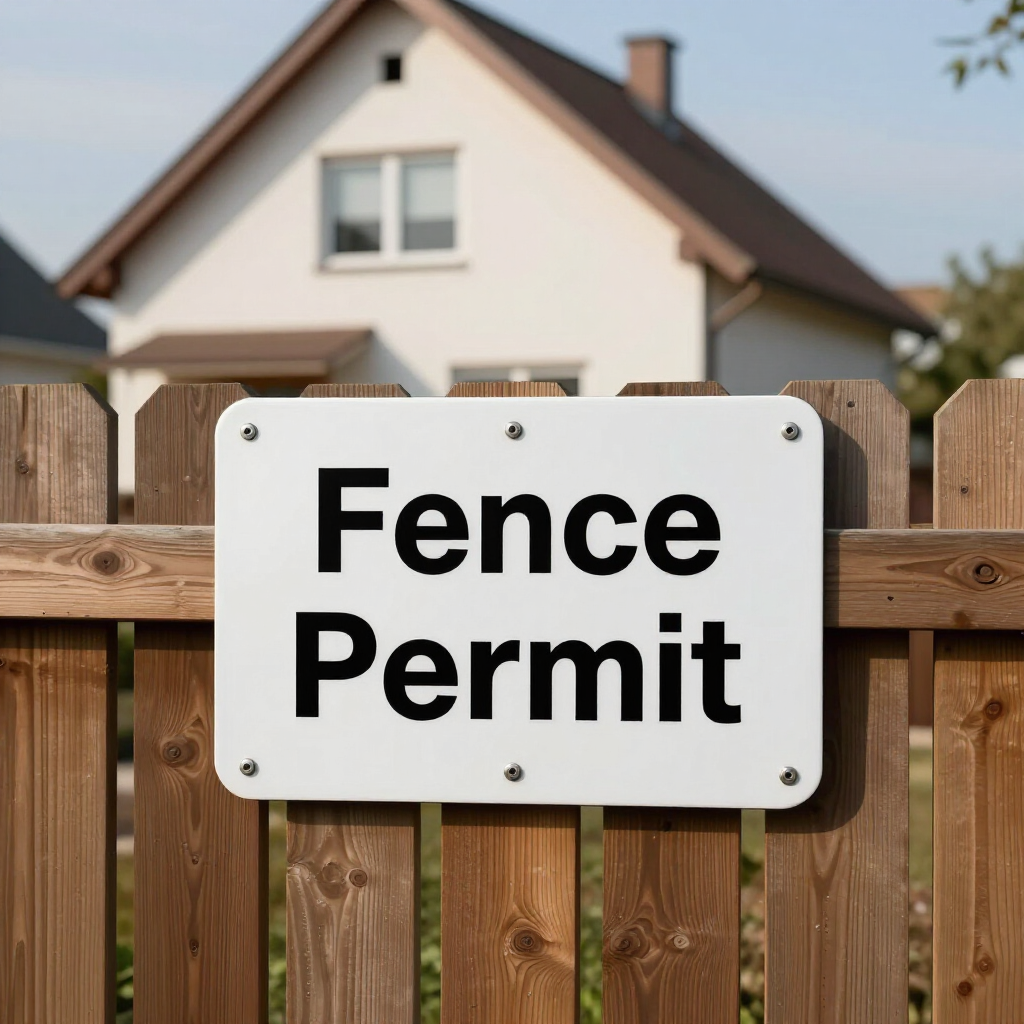White sign reading "Fence Permit" on a wooden fence in front of a house.
