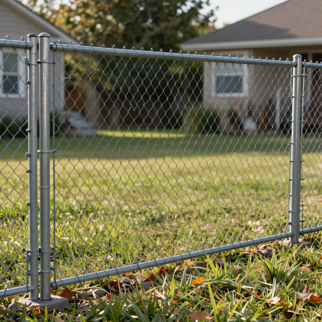Chain-link fence in front of a grassy yard and house
