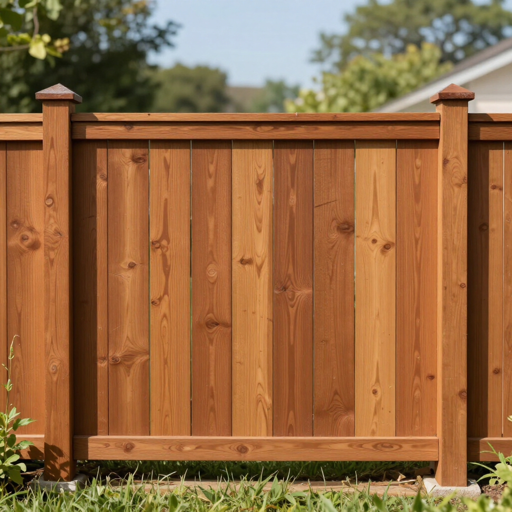 Wooden backyard fence with tan posts and a gated panel against a blurred outdoor background