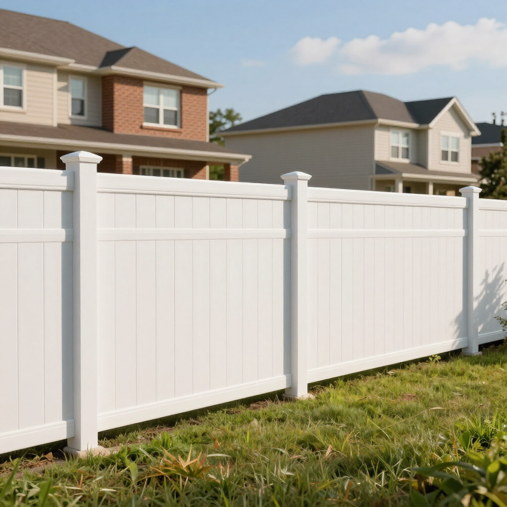 White vinyl privacy fence in a suburban backyard with houses in the background