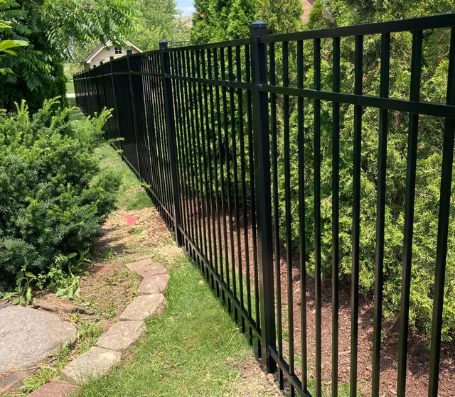 A black metal fence surrounds a lush green yard.