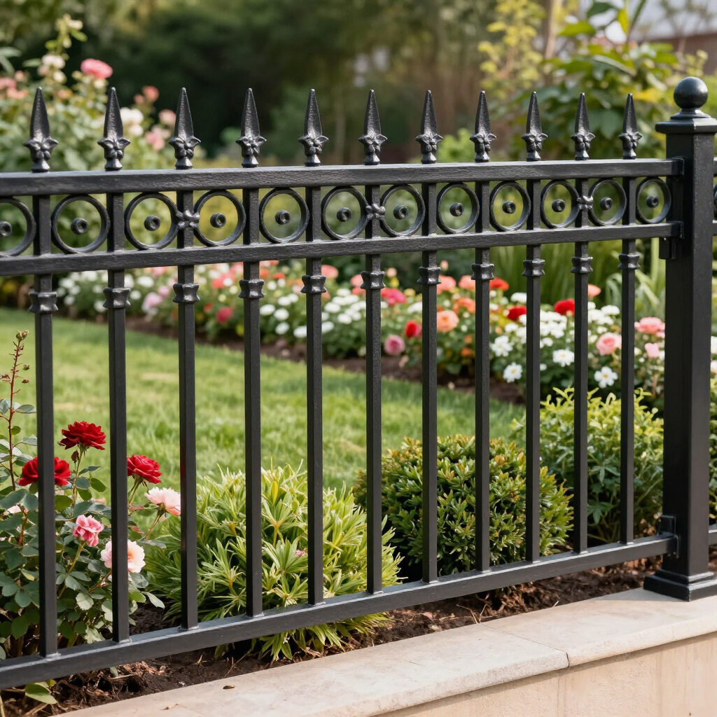 Black iron garden fence in front of a flower bed with red, pink, and white blooms.