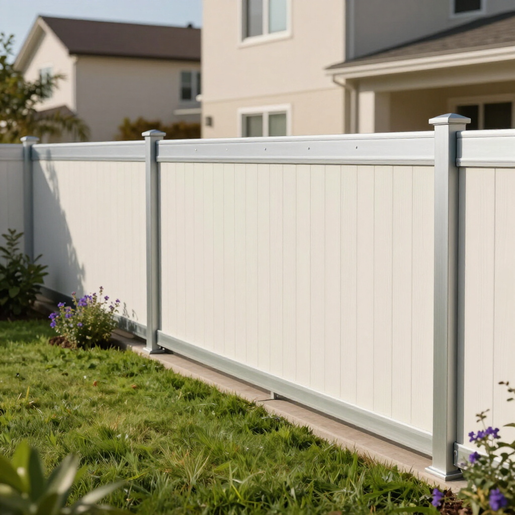 White vinyl privacy fence along a grassy backyard beside beige houses in sunlight