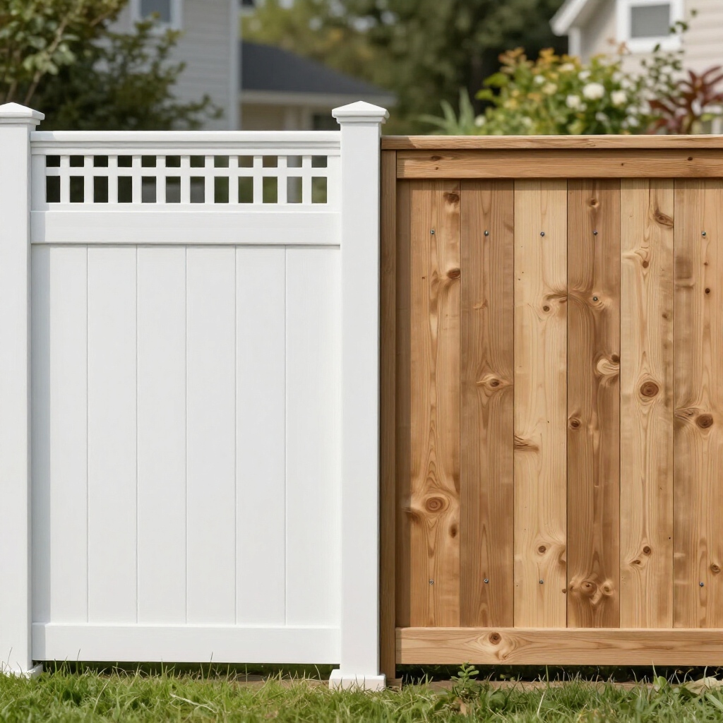 White and wood privacy fence panels in a suburban backyard, with white posts and lattice trim.