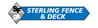 Logo for Sterling Fence & Deck: Blue banner with white text; gray diamond with "SF & D" initials.