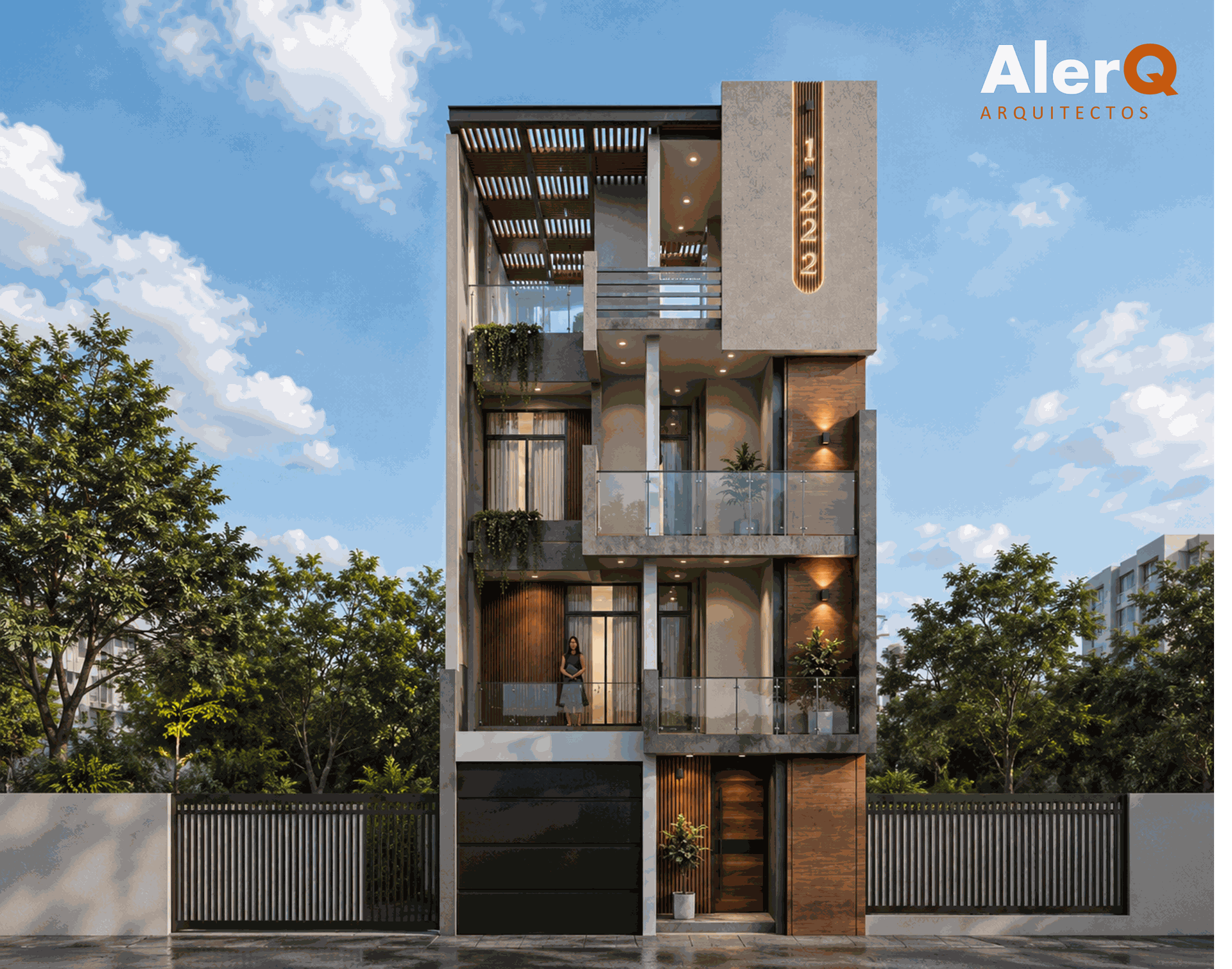 Moderno edificio de apartamentos estrecho de varias plantas con balcones