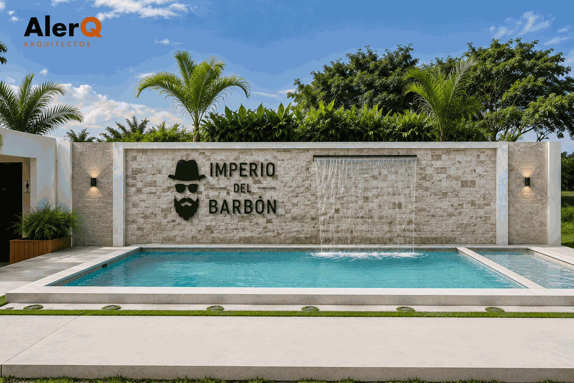 Piscina moderna al aire libre con letrero en la pared de piedra que dice