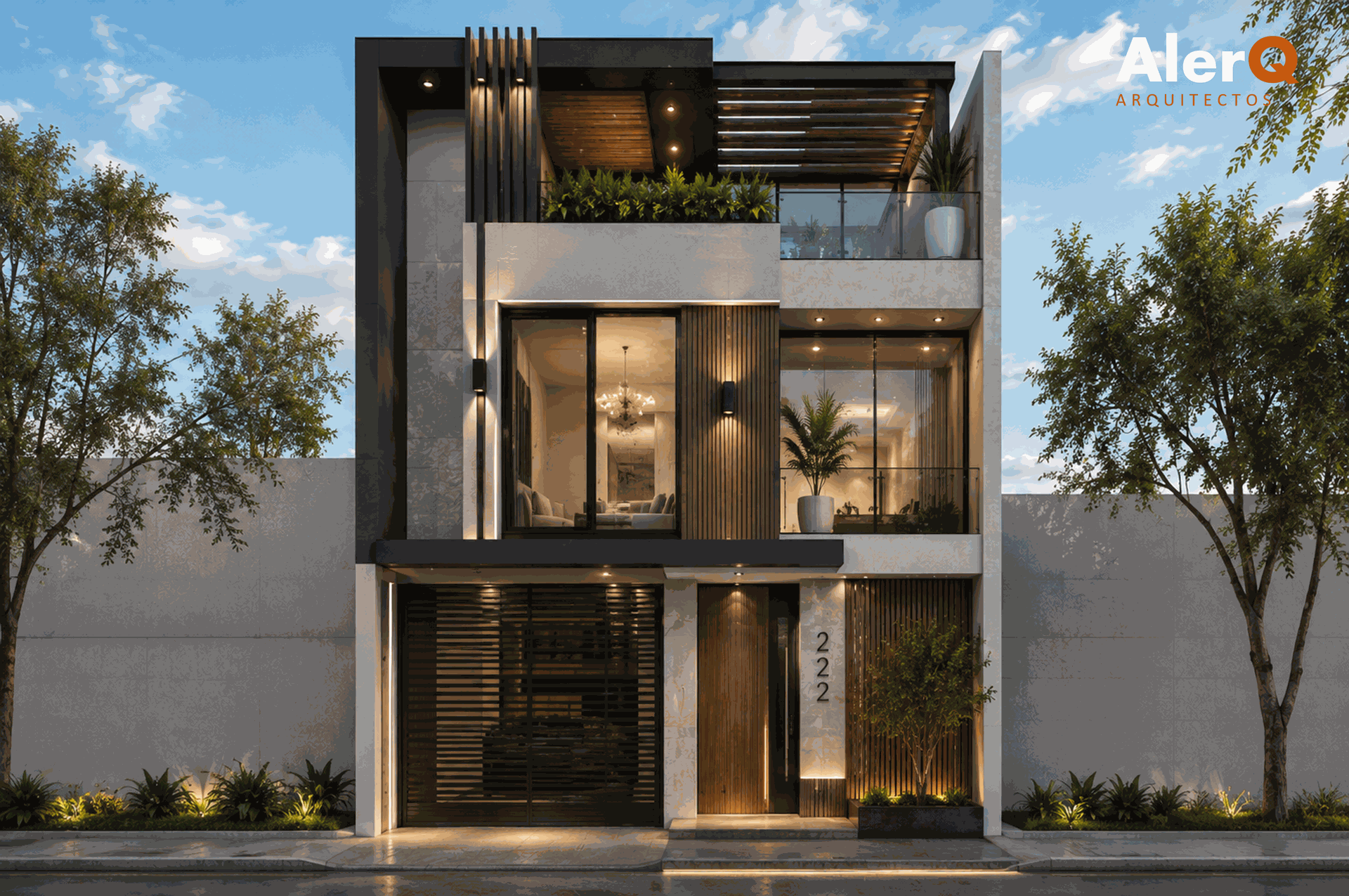 Fachada de una casa moderna de dos plantas con grandes ventanales