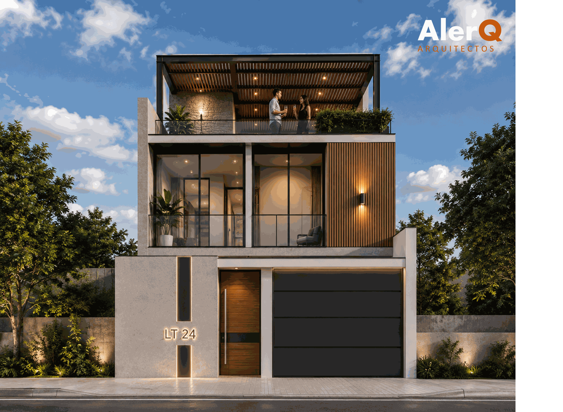 Fachada de una casa moderna de dos plantas con terraza en la azotea