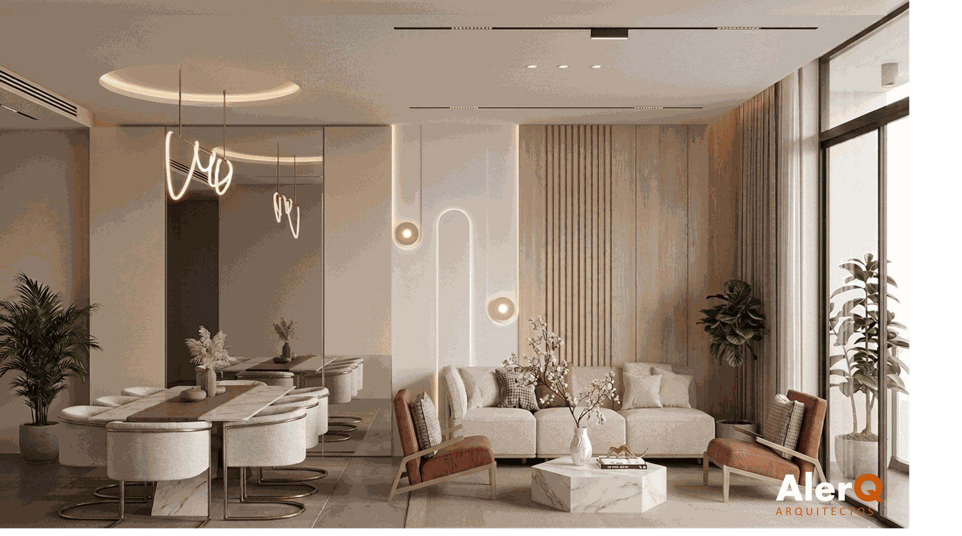 Sala de estar moderna de color beige con sofá modular, mesa de comedor, lámparas colgantes y grandes ventanales.