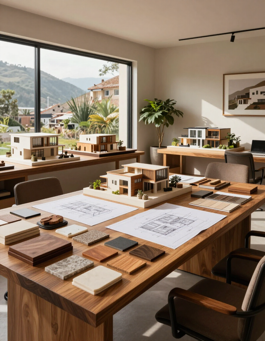 Estudio de arquitectura con planos, maqueta 3D y muestras de materiales