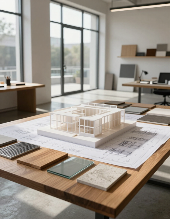 Mesa de trabajo de arquitectura con planos y maqueta 3D