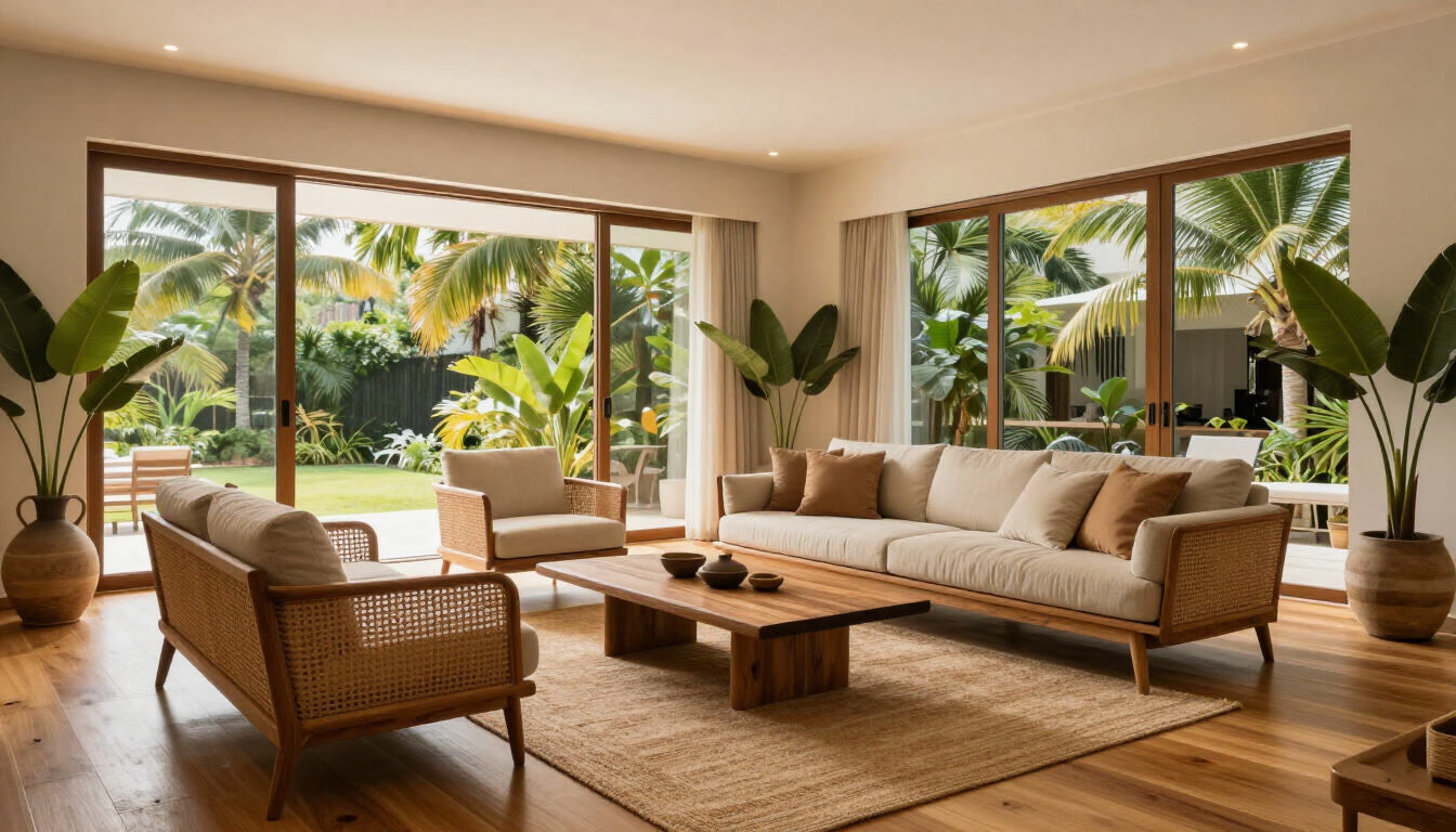 Luminoso salón de estilo tropical con sofá de mimbre, mesa de madera y grandes ventanales que dan a un exuberante jardín.