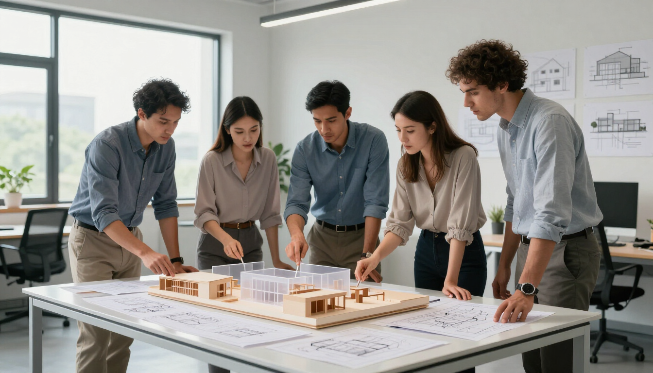 El equipo revisa una maqueta arquitectónica y los planos en una luminosa sala de reuniones de la oficina.
