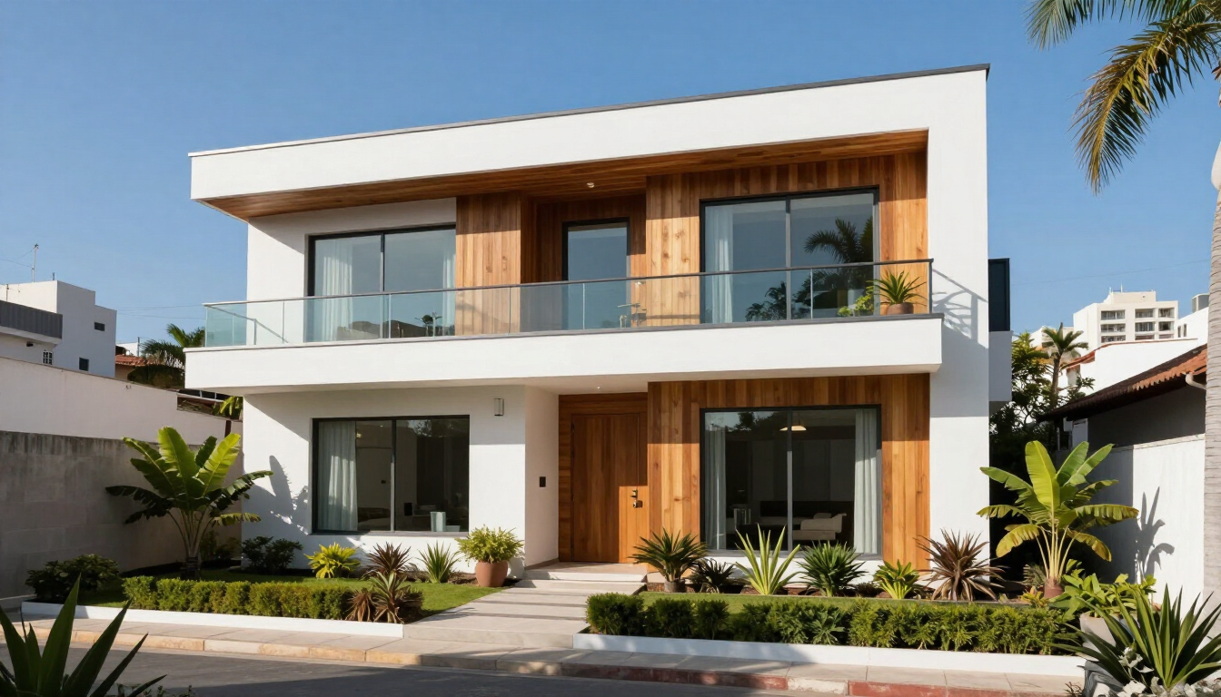 Moderna casa blanca de dos plantas con grandes ventanales