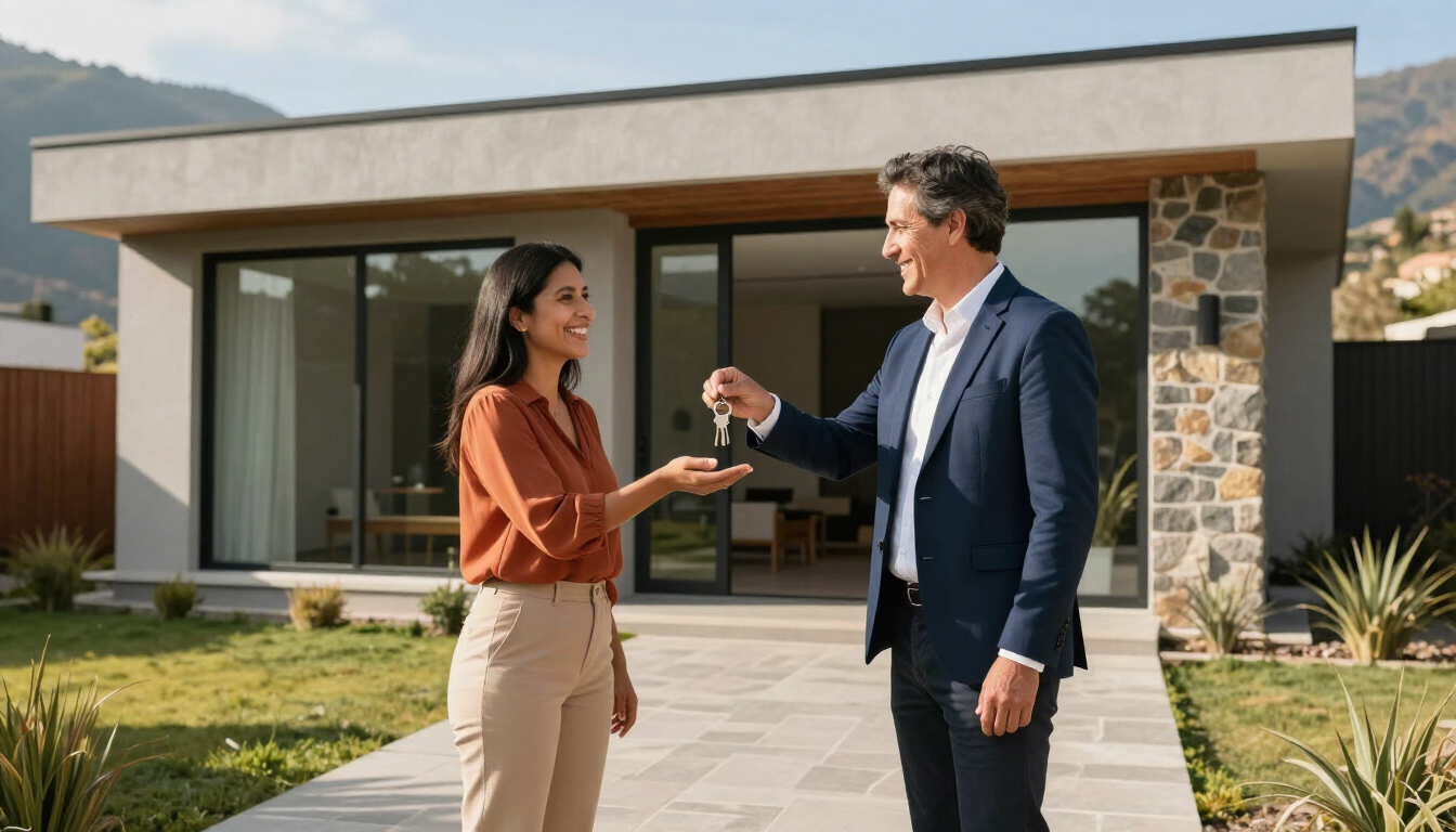 Dos personas se dan la mano frente a una casa moderna con una pared decorativa de piedra y un jardín paisajístico.