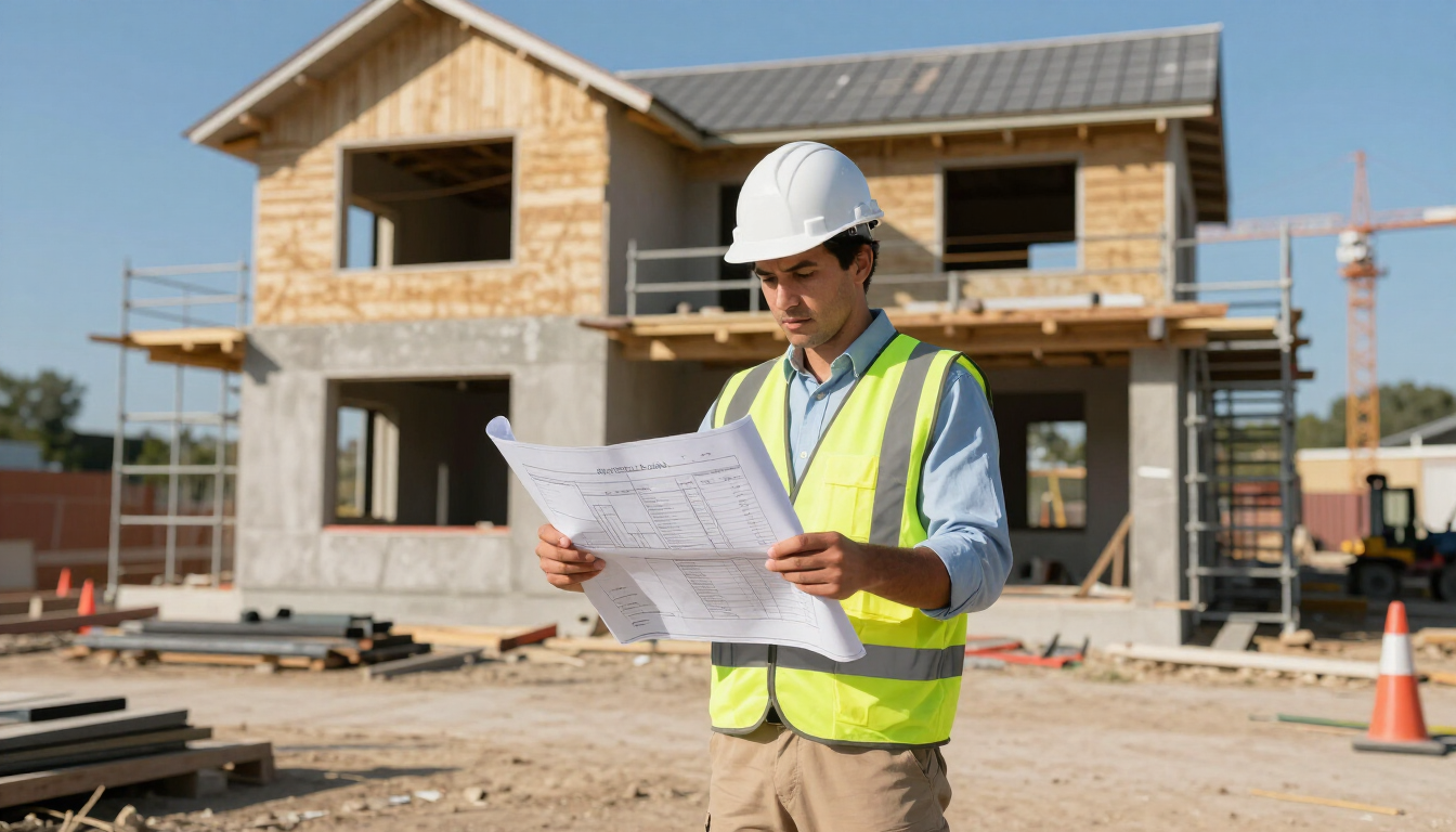Ingeniero revisando planos y documentos de presupuesto en una obra de construcción