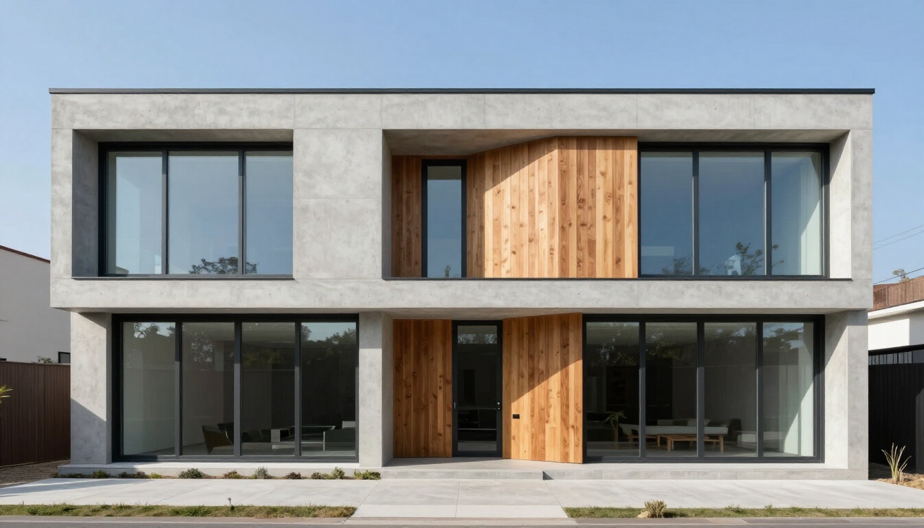 Fachada moderna y minimalista de una vivienda con acabados en concreto y madera
