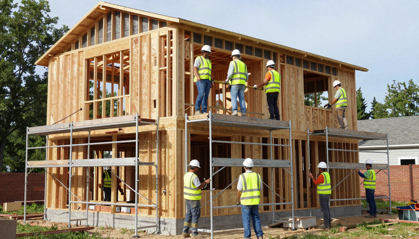 Ampliación de vivienda en construcción con andamios y segundo piso en obra