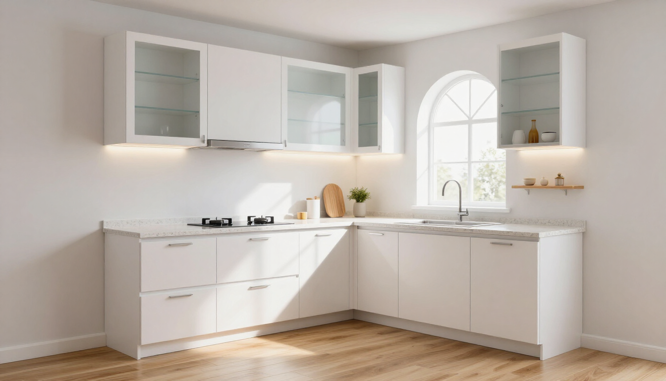 Cocina moderna y pequeña con muebles blancos, buena iluminación y almacenamiento eficiente