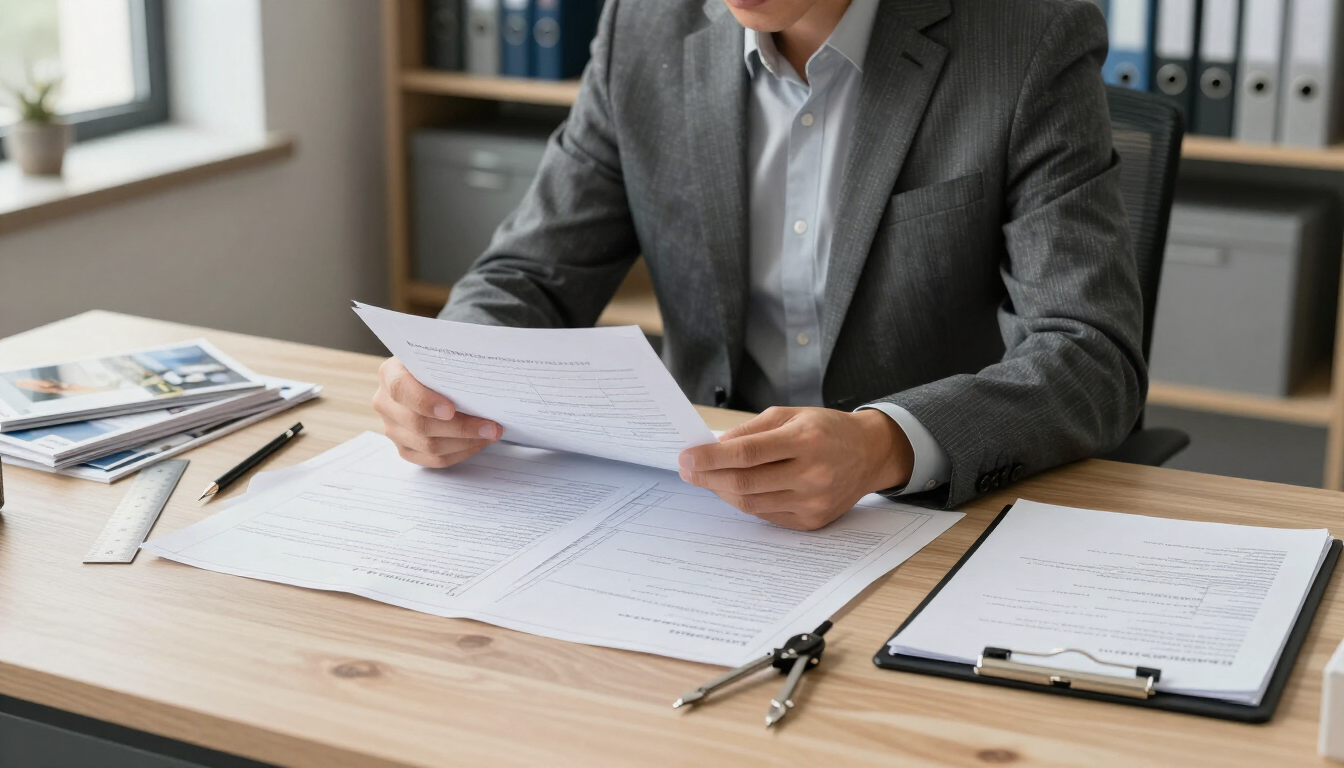 Arquitecto revisando documentos de permiso de construcción y planos en su escritorio