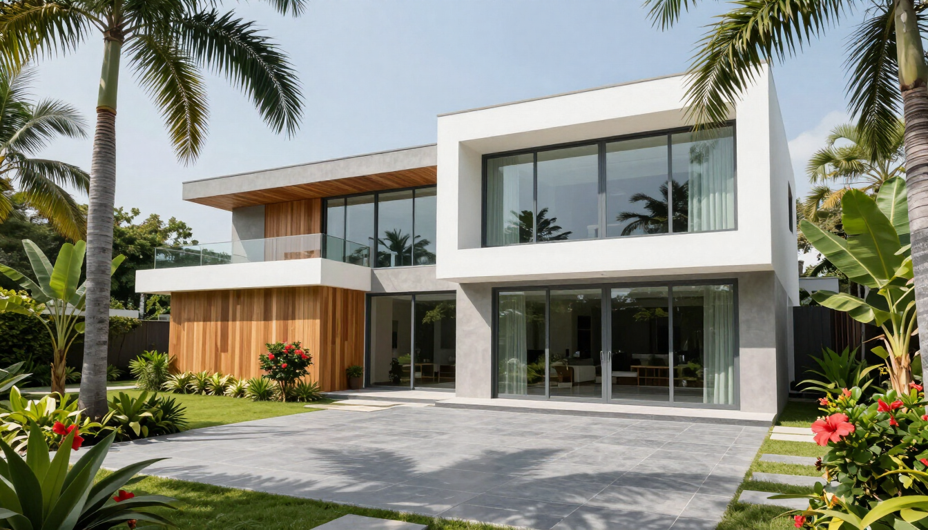 Vivienda moderna con grandes ventanales y ventilación cruzada rodeada de jardín tropical en Piura