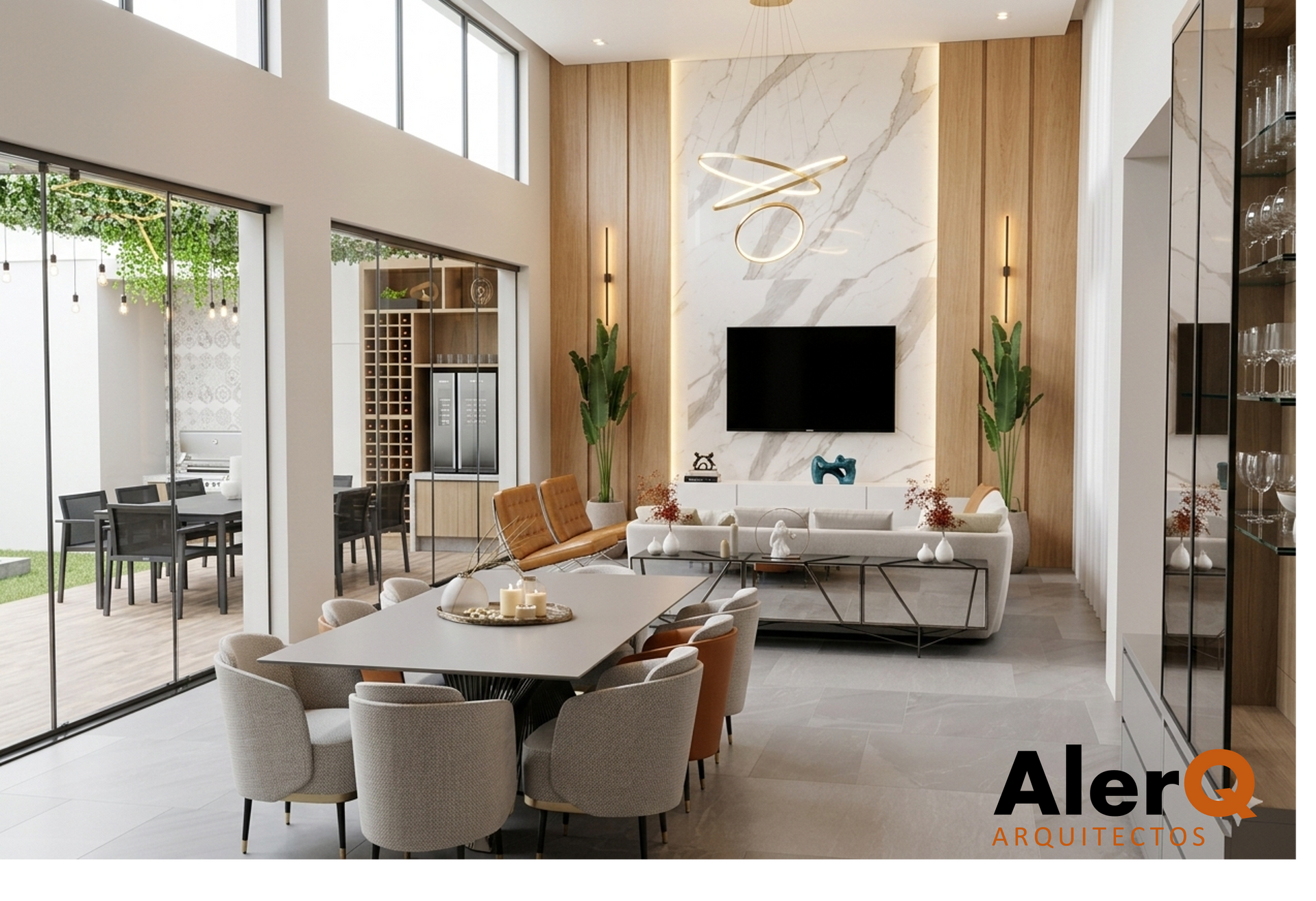 Salón moderno de planta abierta con grandes ventanales, pared decorativa de mármol, televisor, mesa de comedor y vistas al patio.