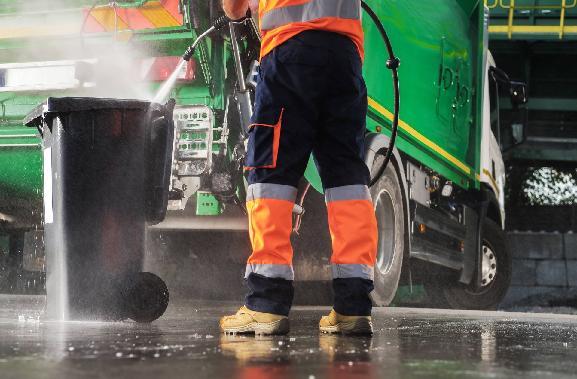 Person in safety vest washes a black trash bin with high-pressure water near a sanitation truck.