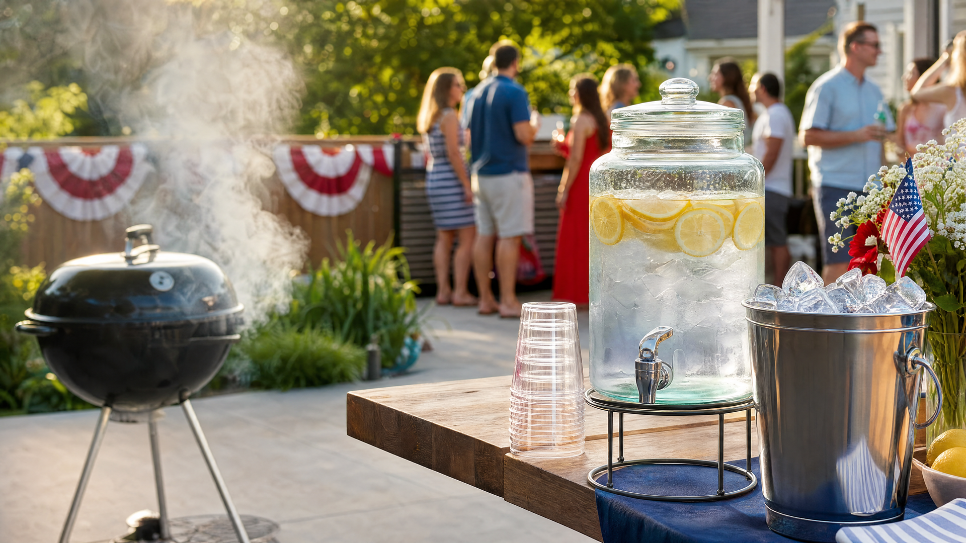 Fourth of July fireworks reflecting over a lake with a backyard cookout table and a pitcher of water in the foreground